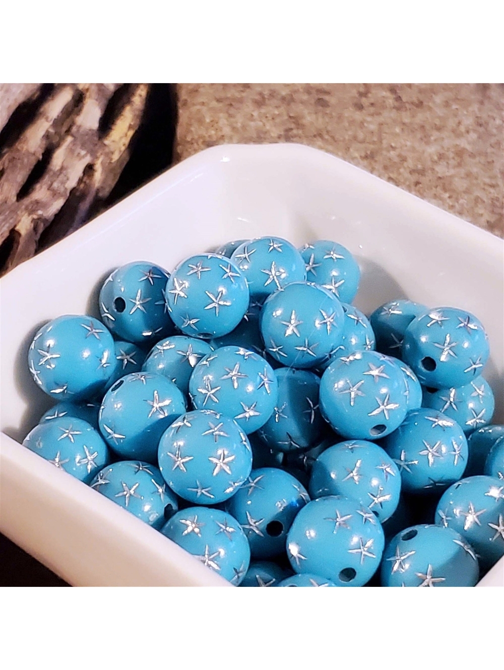 Vintage Retro Turquoise Silver Stars 12mm Round Acrylic Shabby Chic Beads 10 pcs